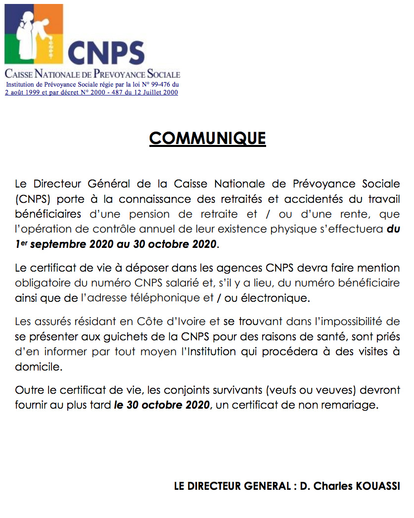 CNPS: opération de contrôle d'existence physique se déroula du  1er septembre 2020 au 30 octobre 2020