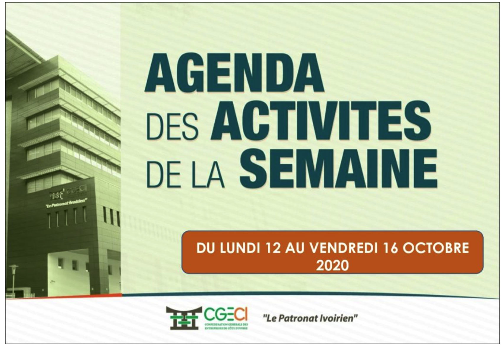 AGENDA DE LA SEMAINE DU 12 AU 16 OCTOBRE 2020