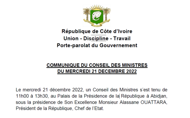 Communiqué du Conseil des ministres du 21 décembre et son et son annexe