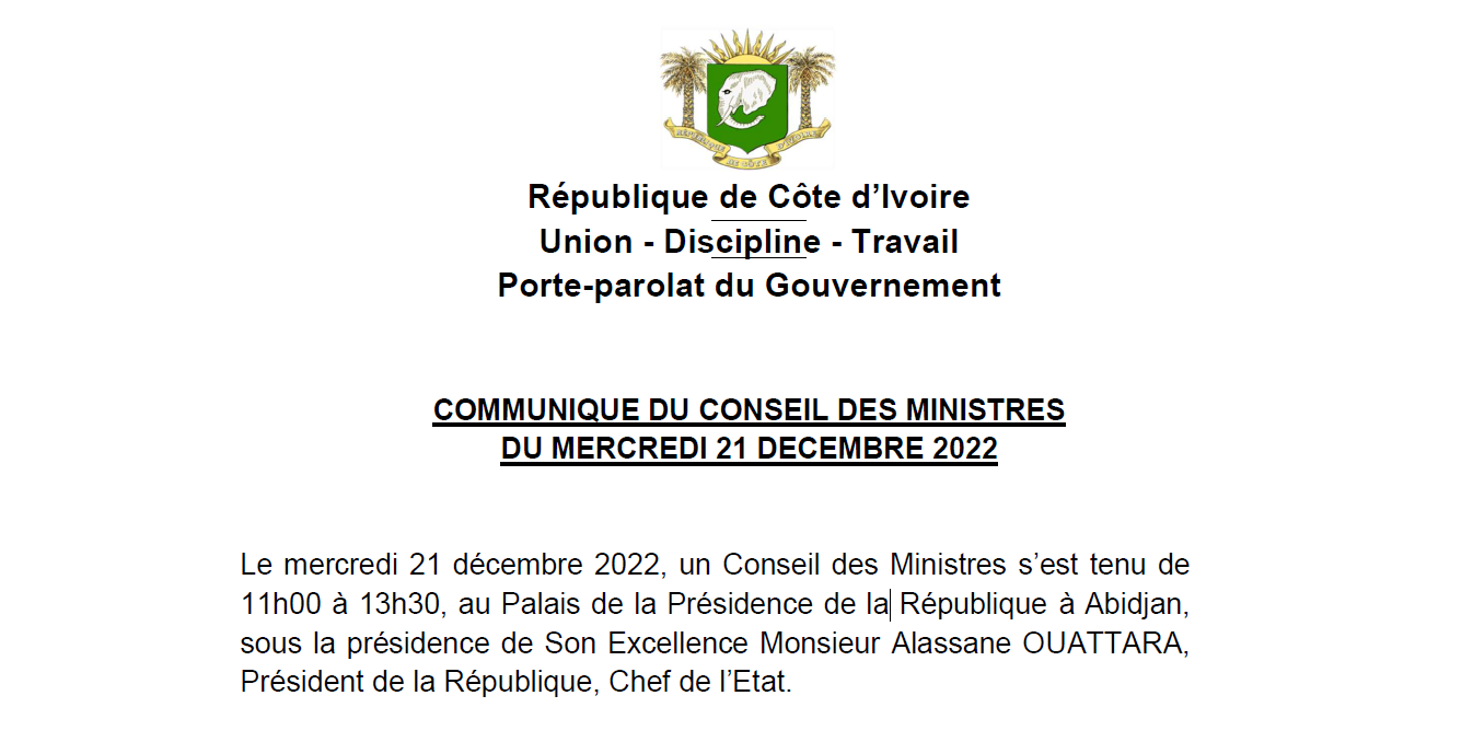 Communiqué du Conseil des ministres du 21 décembre et son et son annexe